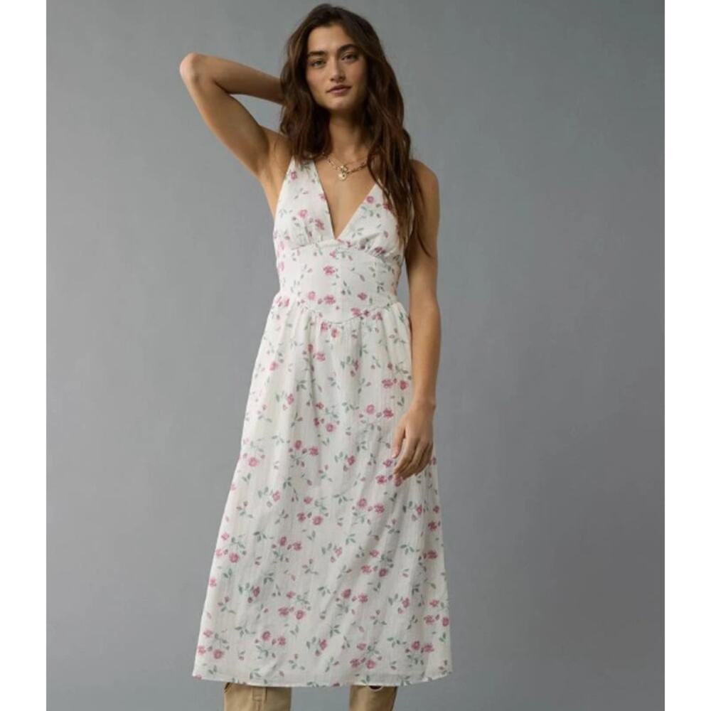 American Eagle Outfitters White Floral Midi Dress with Pink and Green Accents